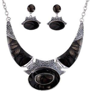 Ethnic Color Embossed Oval Gangle Bib Collar Earrings Necklace Jewelry